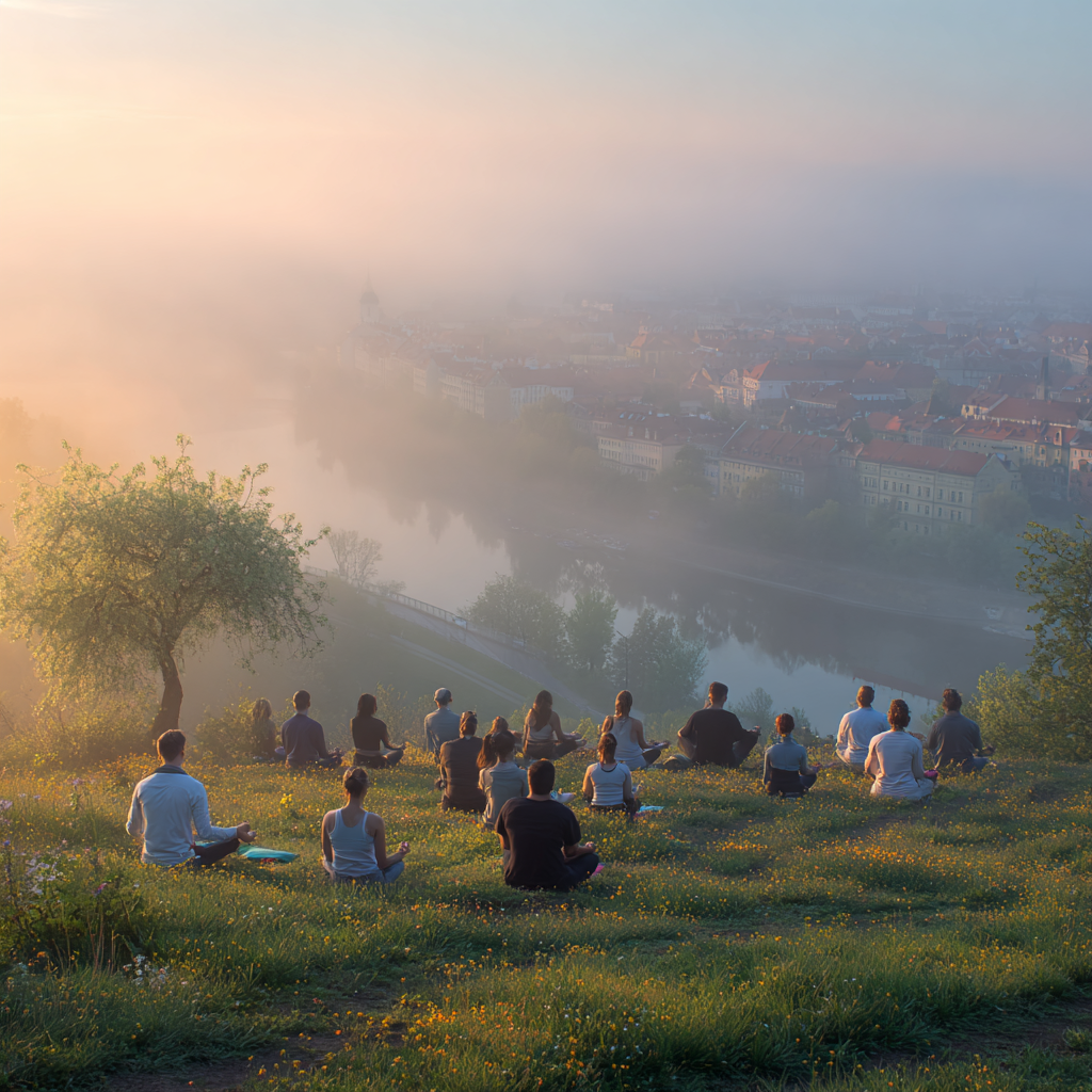 Skupina lidí praktikujících jógu v přírodě